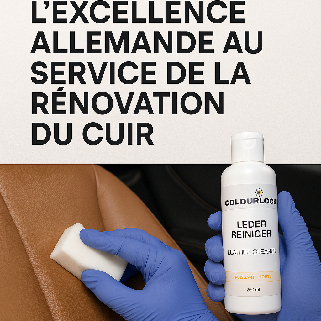 Application d’un nettoyant cuir COLOURLOCK sur un siège automobile en cuir brun, illustrant l’excellence allemande en rénovation du cuir.