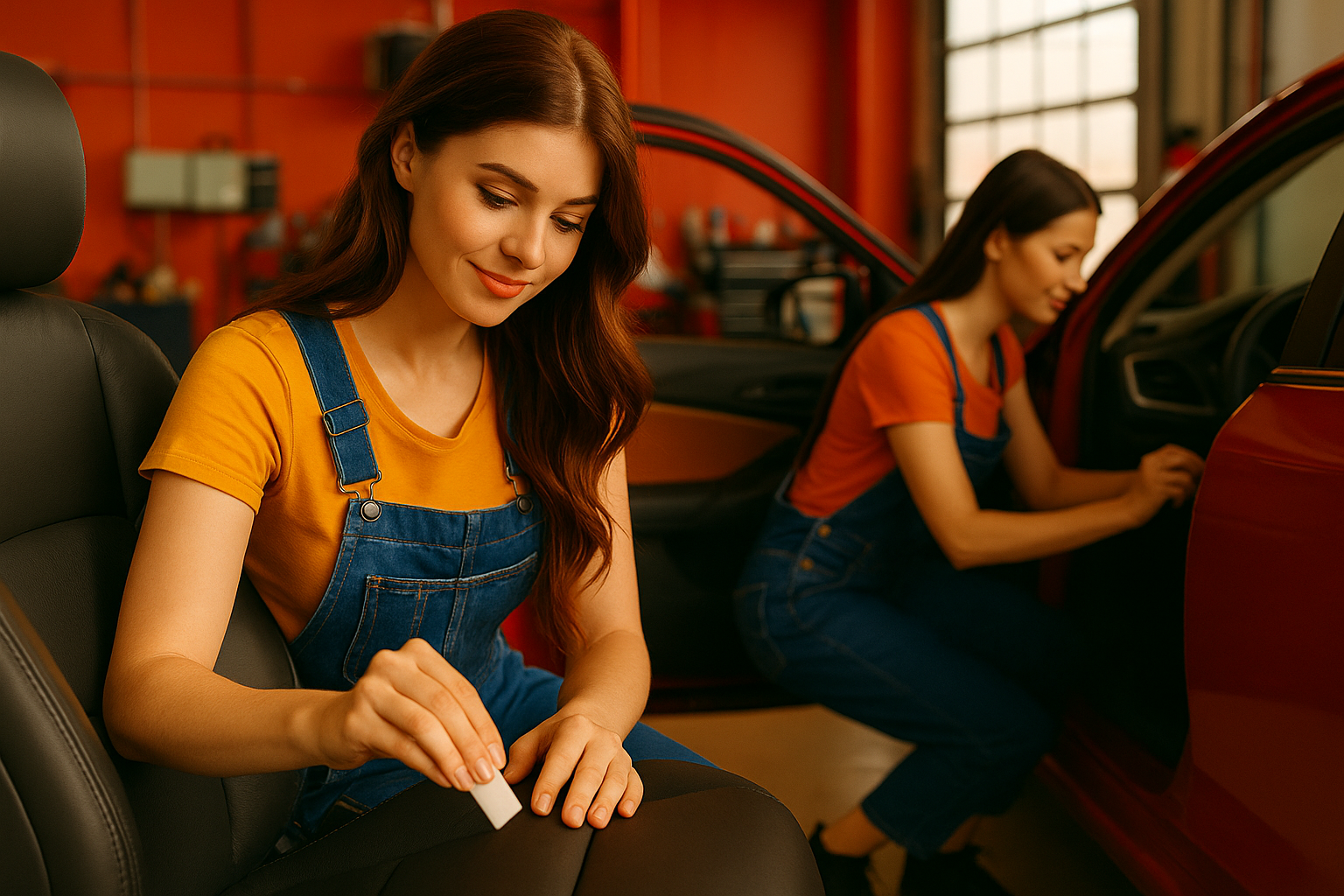 Deux techniciennes spécialisées réparent l’intérieur cuir de voitures dans un atelier, illustrant l’expertise et l’efficacité des produits Geist pour la rénovation automobile.